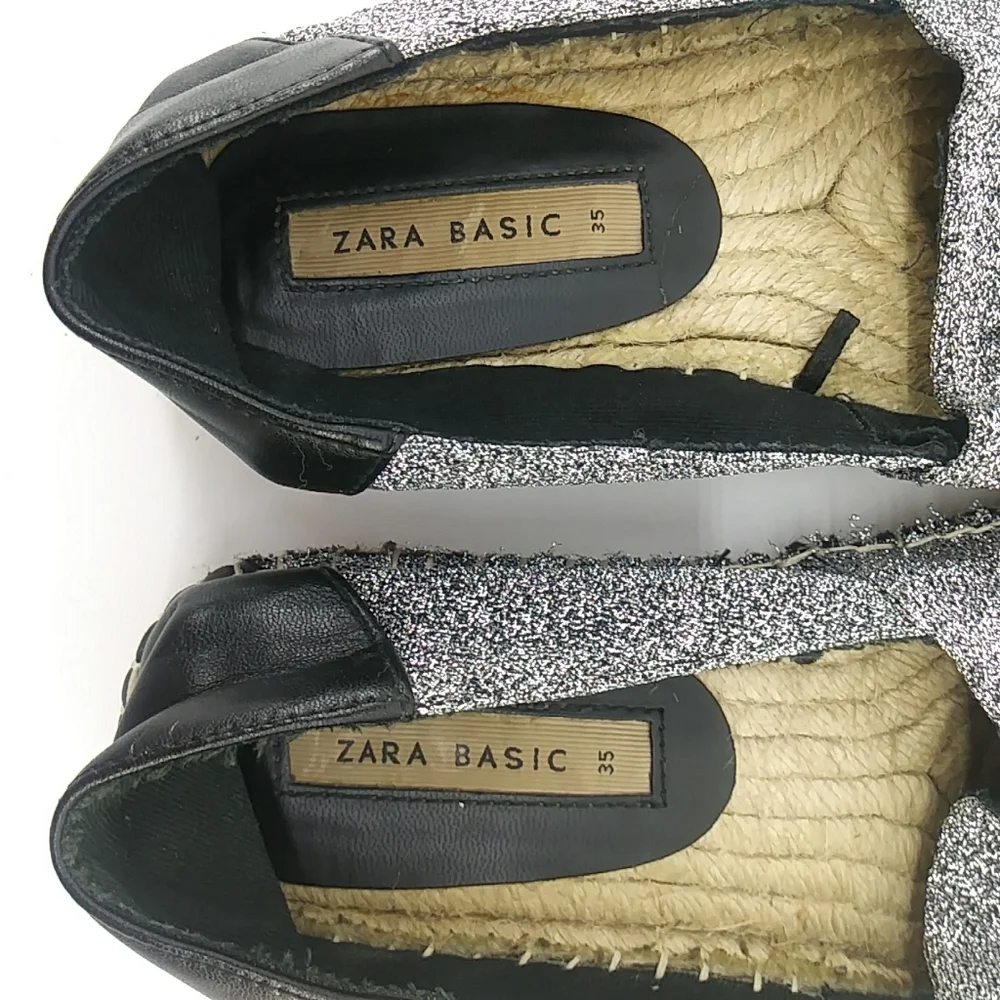 Zara Basic Collection Metallic Faux Leather Cap Toe Espadrills Silver Glitter 35